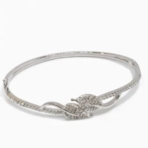 Graceful 925 Sterling Silver Bypass Leaf Bangle | Diamond-Accented Hinged Bracelet (Size 5.4 cm)