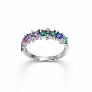 Enchanting 925 Sterling Silver Multi-Color Marquise Band Ring | Rainbow Eternity Style Finger Ring for Women (Size 9)