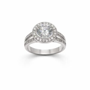 Radiant 925 Sterling Silver Round Halo Solitaire Ring | Split Shank American Diamond Engagement Ring for Women (Size 9)