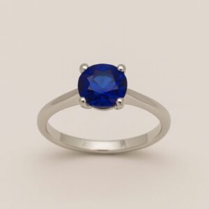 Classic 925 Sterling Silver Blue Sapphire Solitaire Ring | Elegant Round Stone Finger Ring for Women (Size 11)