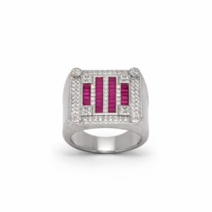 Distinguished 925 Sterling Silver Ruby Red Geometric Ring | Men's Designer Baguette Cluster Band (Size 19)