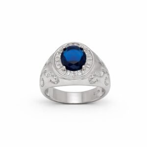 Majestic 925 Sterling Silver Royal Blue Halo Ring | Men's Designer Band with Scrollwork Detail (Size 19)