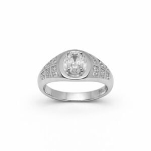 Sophisticated 925 Sterling Silver Oval Solitaire Ring | Men's Designer American Diamond Broad Band (Size 19)