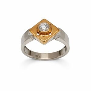 Distinguished 925 Sterling Silver Two-Tone Geometric Ring | Men's Gold & Silver Square Solitaire Band (Size 19)