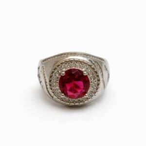 Majestic 925 Sterling Silver Ruby Red Halo Ring | Men's Designer Textured Signet Band (Size 16)