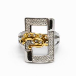 Bold 925 Sterling Silver Two-Tone Jaguar Ring | Men's Rectangular Pave Frame Statement Band (Size 22)