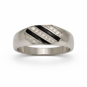 Sleek 925 Sterling Silver Black & White Diagonal Ring | Men's Modern Striped Band (Size 22)