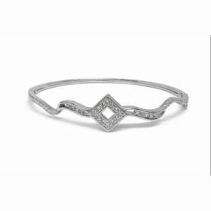 Modern 925 Sterling Silver Geometric Wave Bangle | Open Square Pave Bracelet (Size 2.4 Anna)