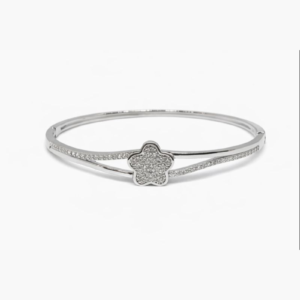 Charming 925 Sterling Silver Flower Pave Bangle | Split Shank Hinged Bracelet (Size 2.4 Anna)