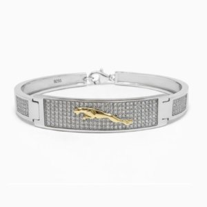 Dynamic 925 Sterling Silver Jaguar Bangle | Men's Two-Tone Pave ID Bracelet (Size 7 CM)
