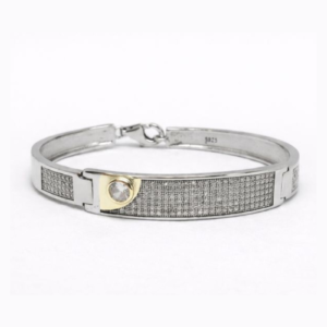 Distinguished 925 Sterling Silver Solitaire Accent Bangle | Men's Two-Tone Pave Bracelet (Size 7 CM)